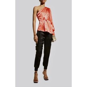 CINQ À SEPT Stace One Shoulder Silk Top Neon Coral Size XS